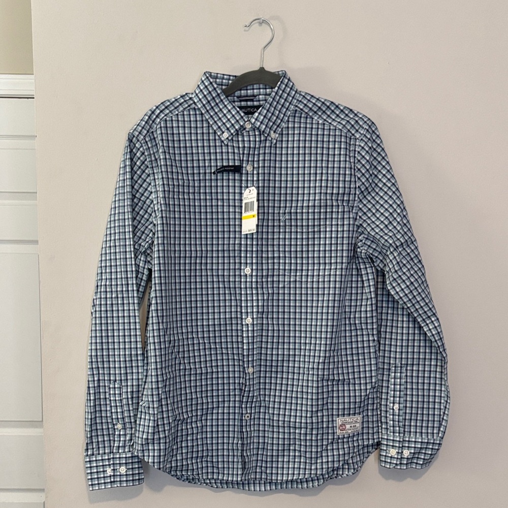Nautica Navy and White Plaid Button Down Shirt